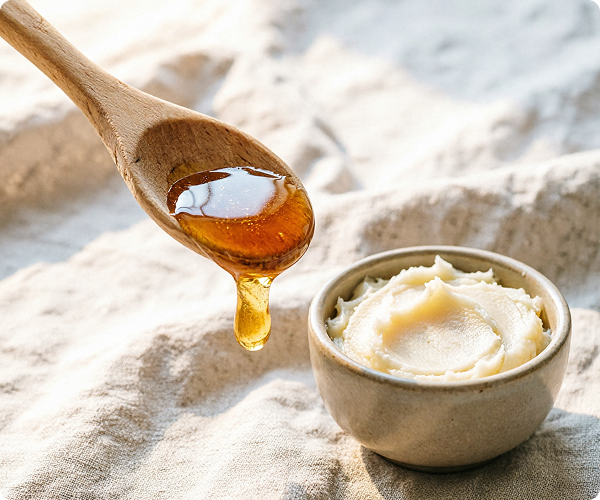 Beef tallow and honey in a wooden bowl