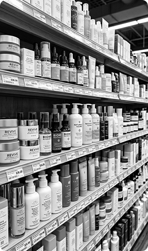 Shelves of mass-market skincare bottles
