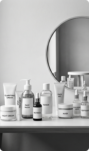 A bathroom counter crowded with serums and moisturisers